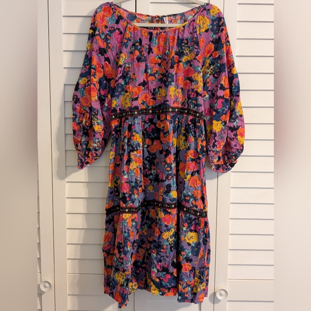 Anthropologie Floral Multicolor Tiered Puff Sleeve Dress